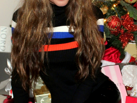 Black/Red/White/Blue Color Mock Sweater and Black Pom Pom Beanie