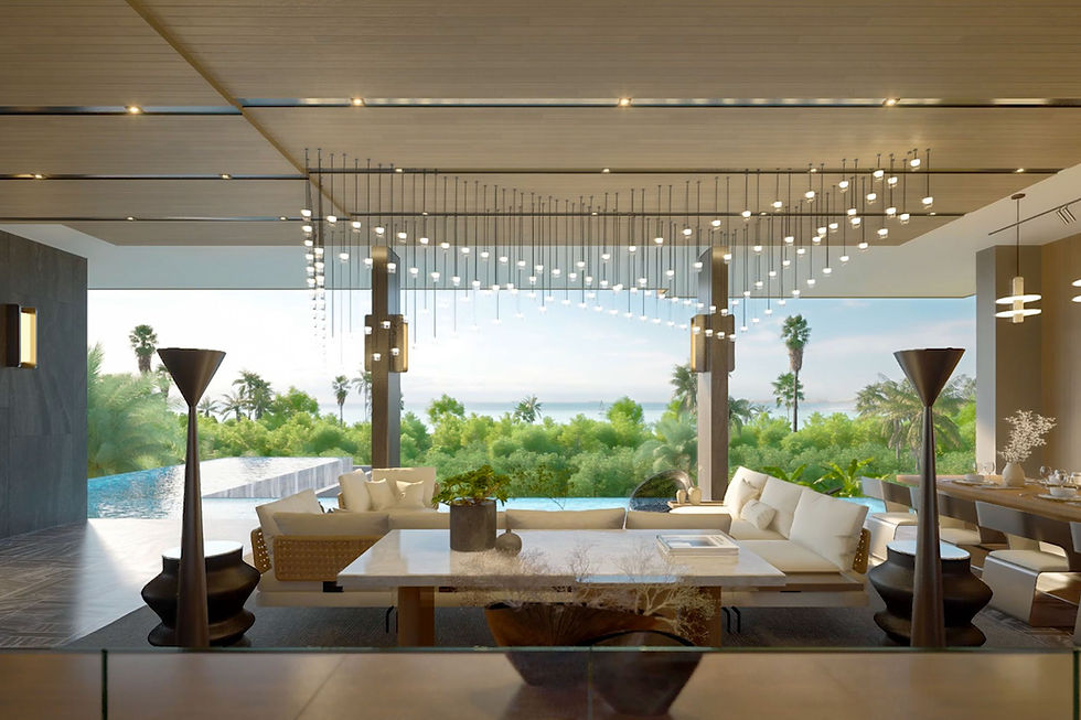 Luxurious interior of a high-end Pattaya property looking out to an infinity edge pool, lush greenery, and distant sea views.