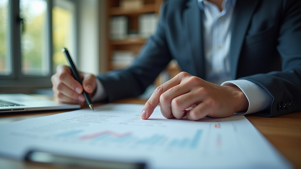 Eye-level view of a business owner reviewing financial documents in an office