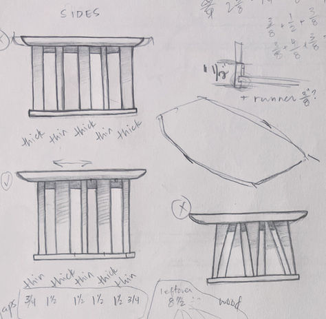 Pencil sketches of the low-rise tea table are depicted. Shown are several iterations of side views where each sketch explores different table leg thicknesses and designs. Surrounding the sketches are scribbled notes in English.