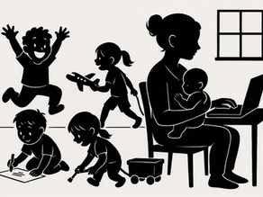 Mom Working While her Kids Play Behind Her