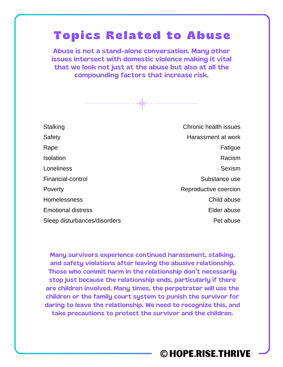 Topics related to domestic violence