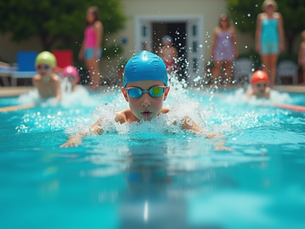 Child swimming towards us in pool.