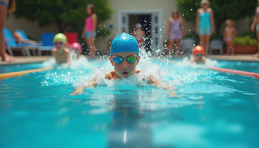 Child swimming towards us in pool.