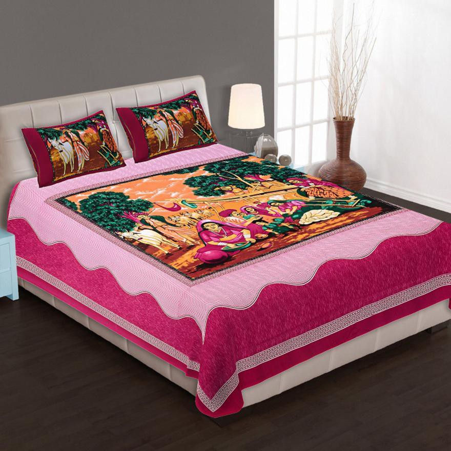 100% Cotton Printed Double Size Double Bedsheet With 2  Pillow Cover