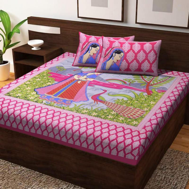 100% Cotton Printed Double Size Double Bedsheet With 2  Pillow Cover
