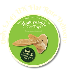 Round green button showing text Honeysuckle Cat Toys, slices of tatarian honeysuckle wood and text 100% Natural Honeysuckle Wood