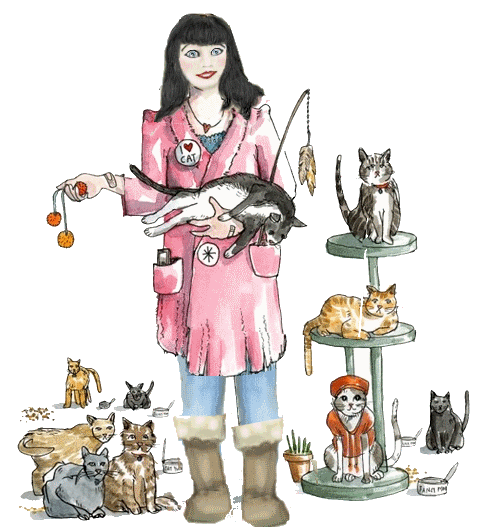 Woman holding a cat and surround by lots of other cats