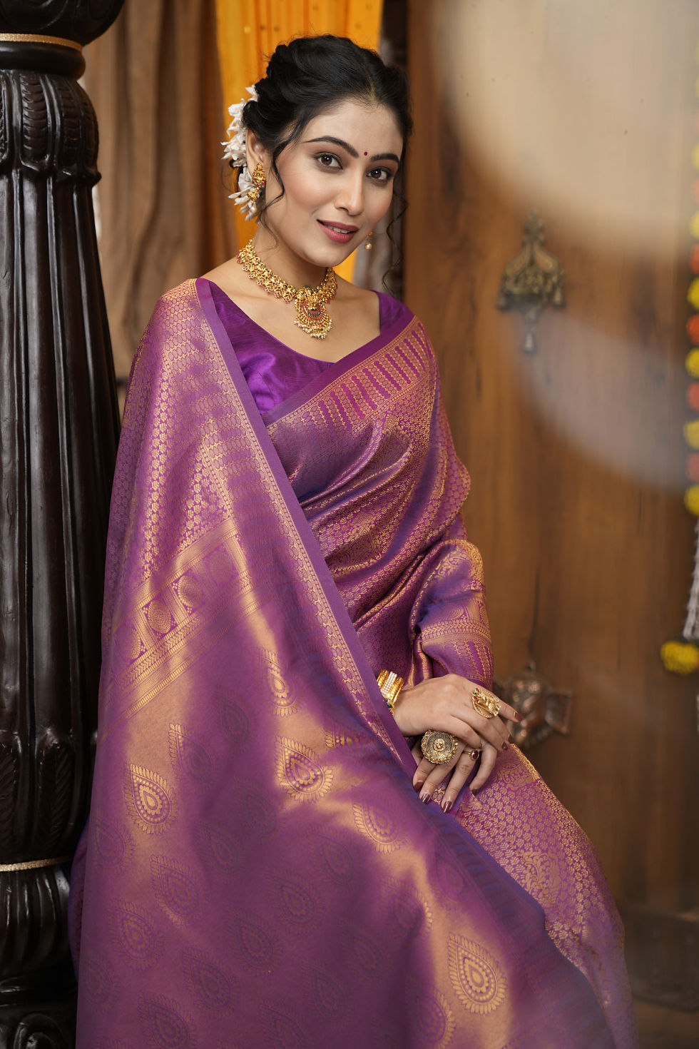 Thumbnail: Purple color kanjivaram silk saree with zari weaving work