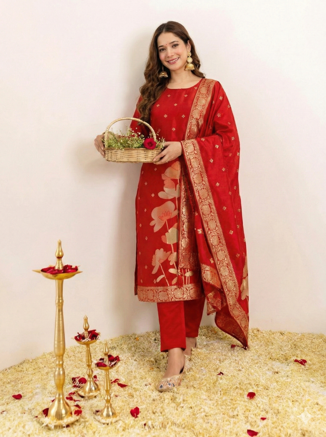 Red Art Silk Jacquard Kurta Pant Set with Dupatta for Women