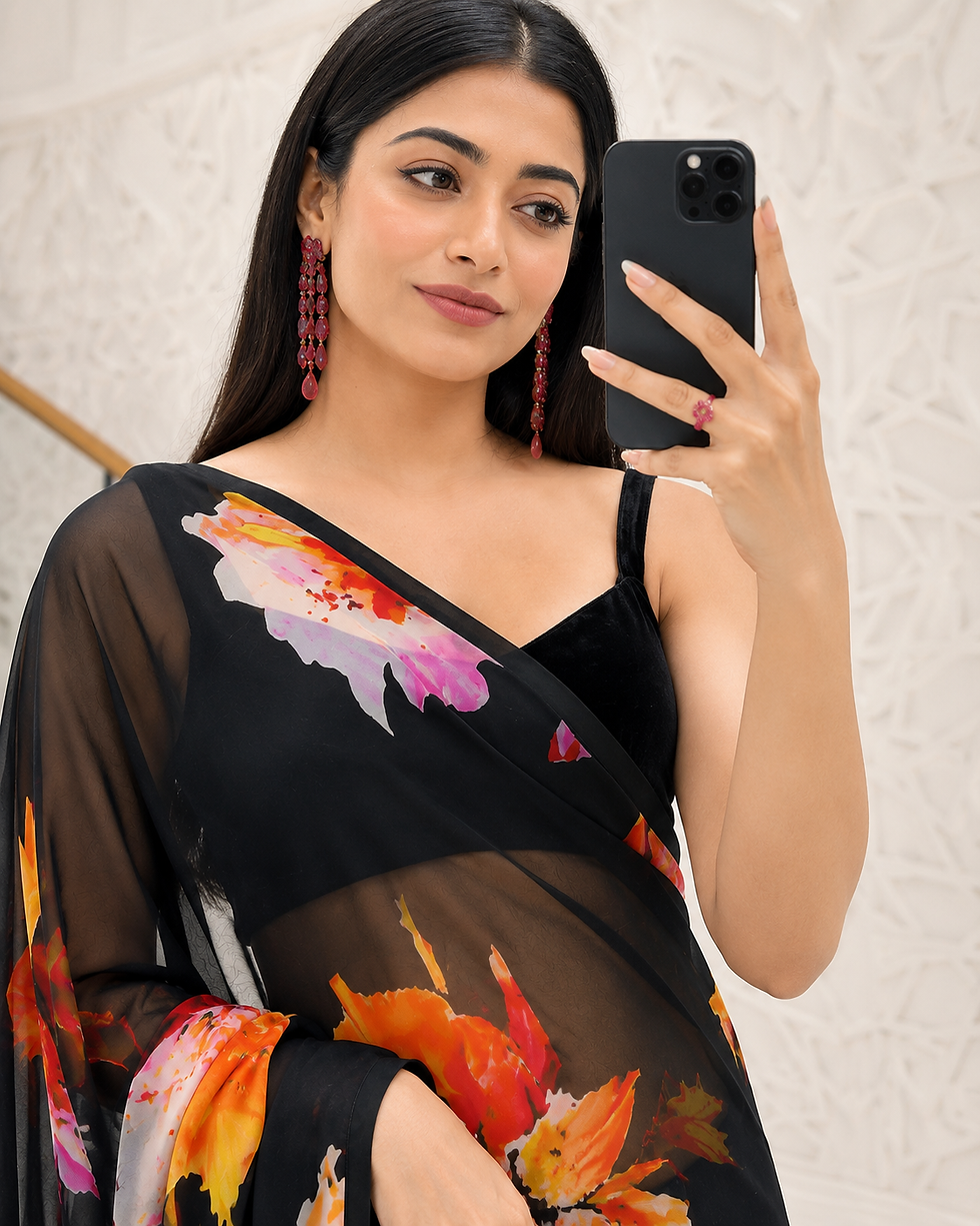 Thumbnail: Soft Georgette Saree With Beautiful Floral Printed Work (BLACK)