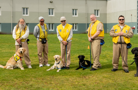 Six men with yellow vests on stand in the background, 5 of them are holding leashes to the 5 dogs who are each sitting or laying in the foreground.