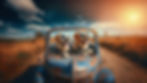 An AI-generated image of two yellow labs wearing aviator sunglasses driving a rusty old truck down a dirt road