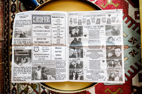The centre pages of a retro, 1960s themed personalised wedding newspaper.