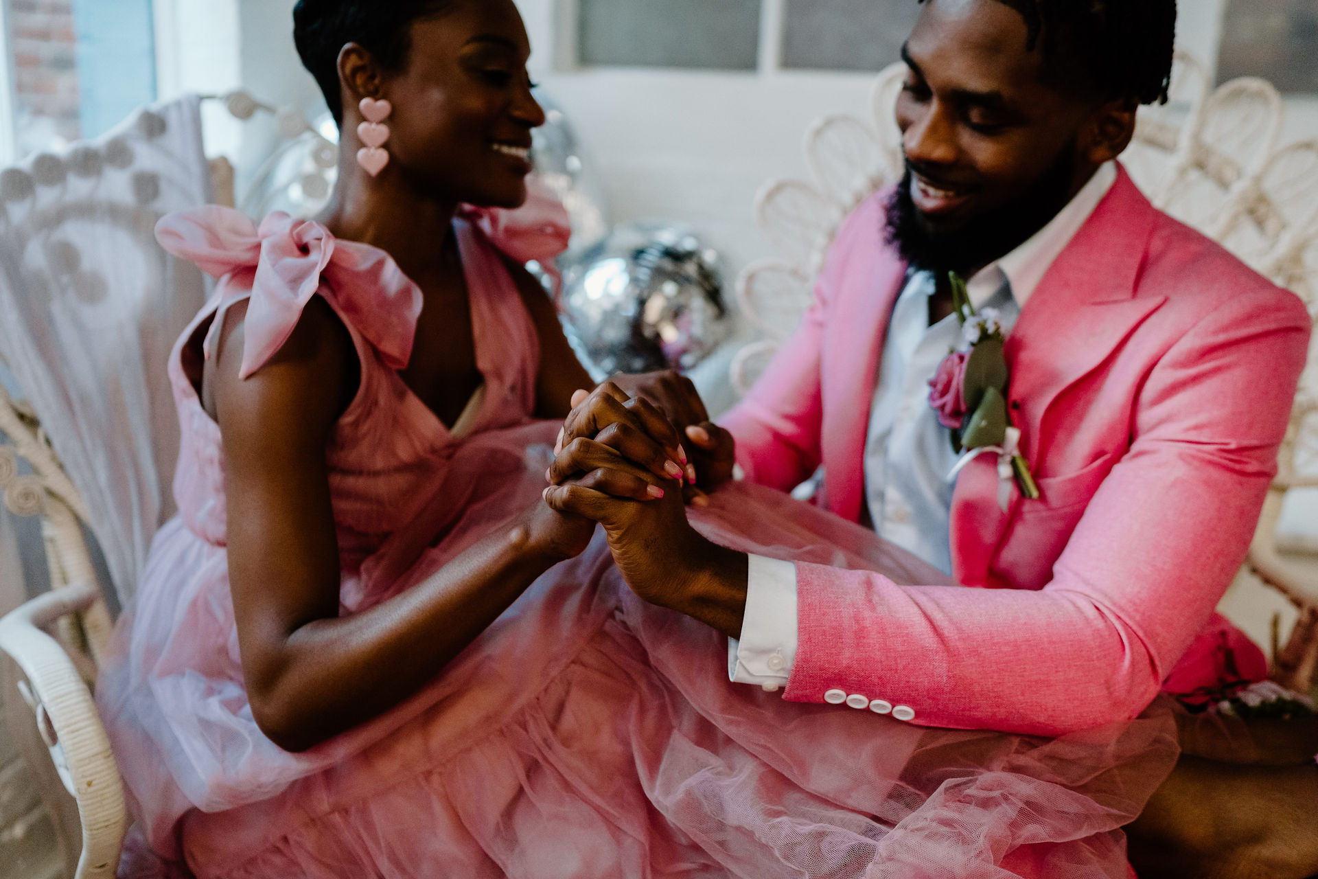 Pink wedding dress and suit