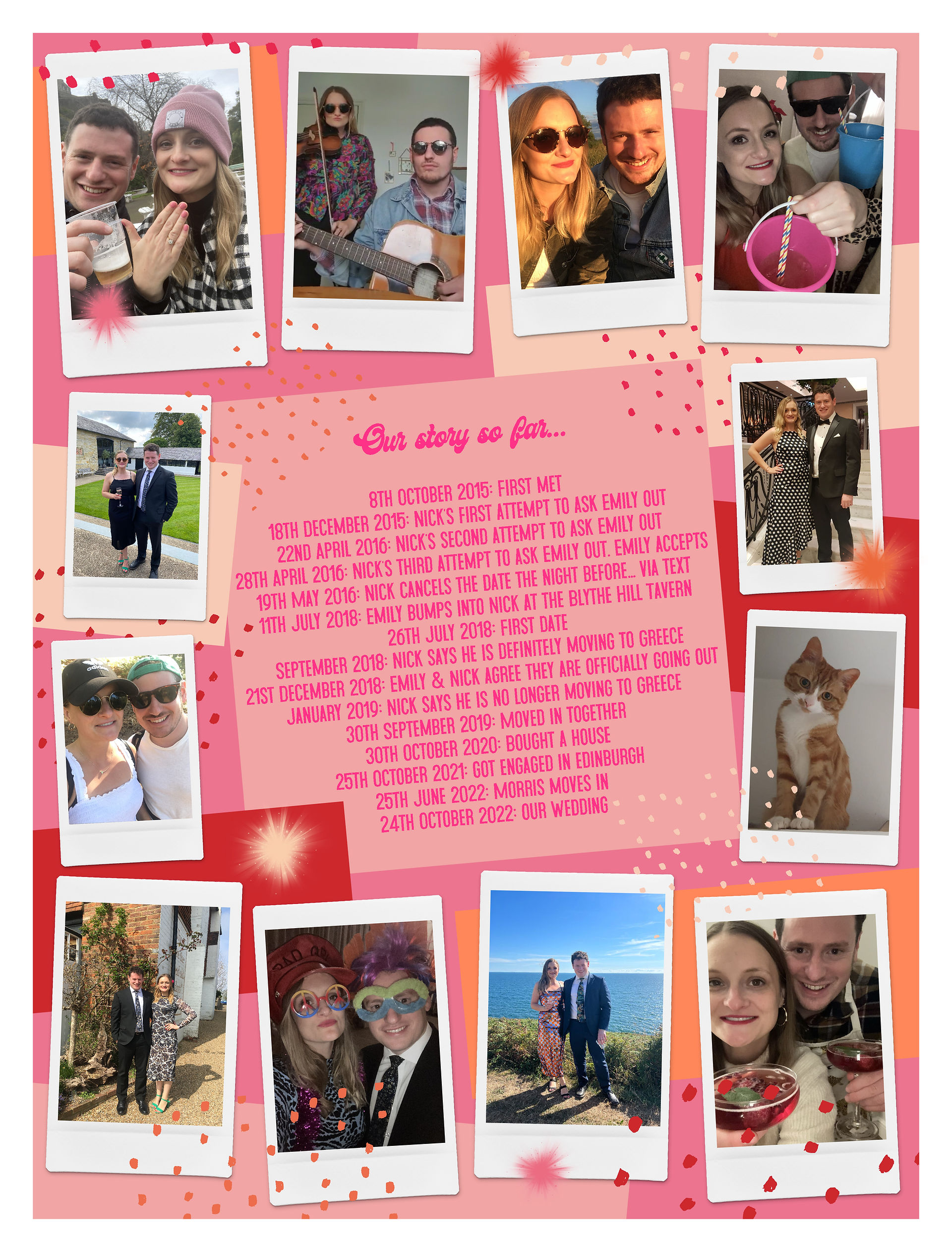 Red and pink disco themed wedding love story and collage wedding newspaper design.