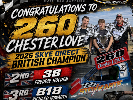 260 Chester Love celebrating after winning the 2026 Skye Direct Stoxkarts British Championship