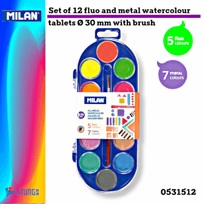 Milan 12色水彩磚附畫筆( 5 螢光 7 金屬色)  Milan 12 color Dics (5Fluo+7 Metallic Colors) tablets Ø 30 mm with brush
