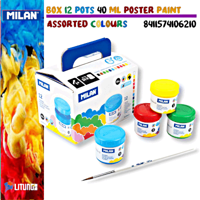Milan 12色廣告彩+畫筆  40ml (各種顏色) 套裝 (Milan Box 12 pots 40 ml poster paint, assorted colours Set)