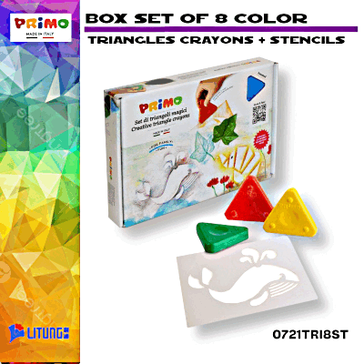 Primo 8 件彩色三角形蠟筆 + 模板盒裝 (Primo Box Set of 8 Color Triangles Crayons + Stencils)