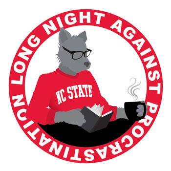 Wolf in red NC State sweater reading a book & drinking coffee.