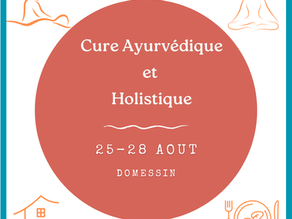 Cure Ayurvédique et Holistique Iroveda à Domessin, août 2025. Affiche présentant les activités : massages, repas ayurvédiques, yoga, pranayama, méditation, voyage sonore.