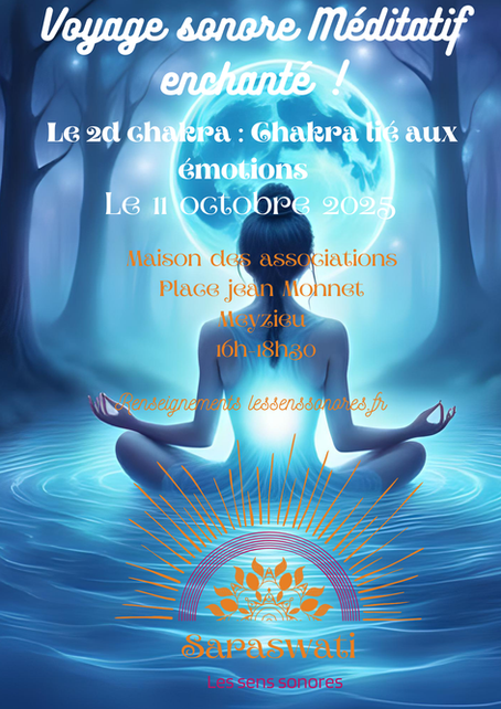 Femme en méditation face à la lune, voyage sonore sur le chakra sacré, organisé par Les Sens Sonores à Meyzieu le 11 octobre 2025