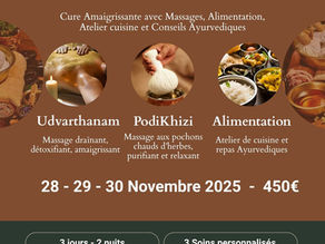 Flyer de la Cure d’hiver Kapha par Iroveda & CE‑HO — massages ayurvédiques, atelier cuisine, 28–30 novembre 2025.