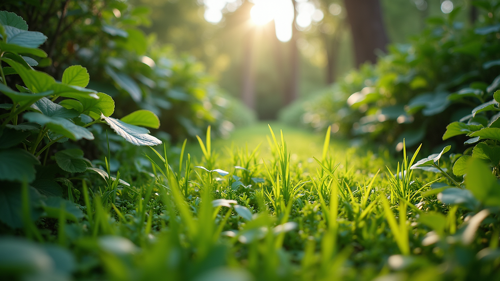 Eye-level view of a lush green garden with diverse plants