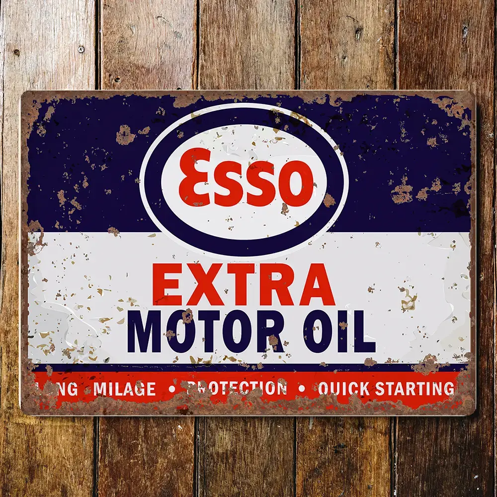 Plaque métal 'Esso Extra Motor Oil' format 25x20 cm, effet vieilli, neuve, décoration murale rétro pour garage ou atelier