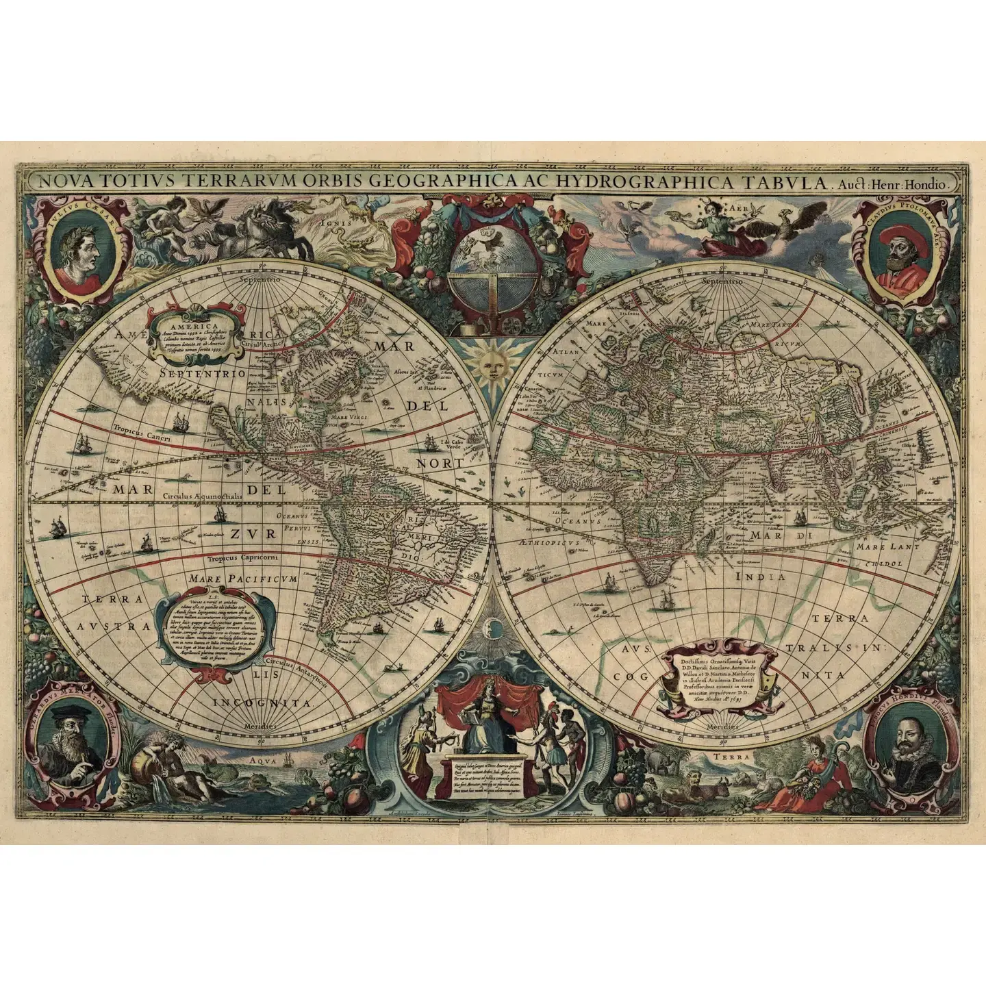 Affiche carte ancienne du monde par Henricus Hondius 1630, format 70x50 cm, reproduction vintage géographique pour décoration