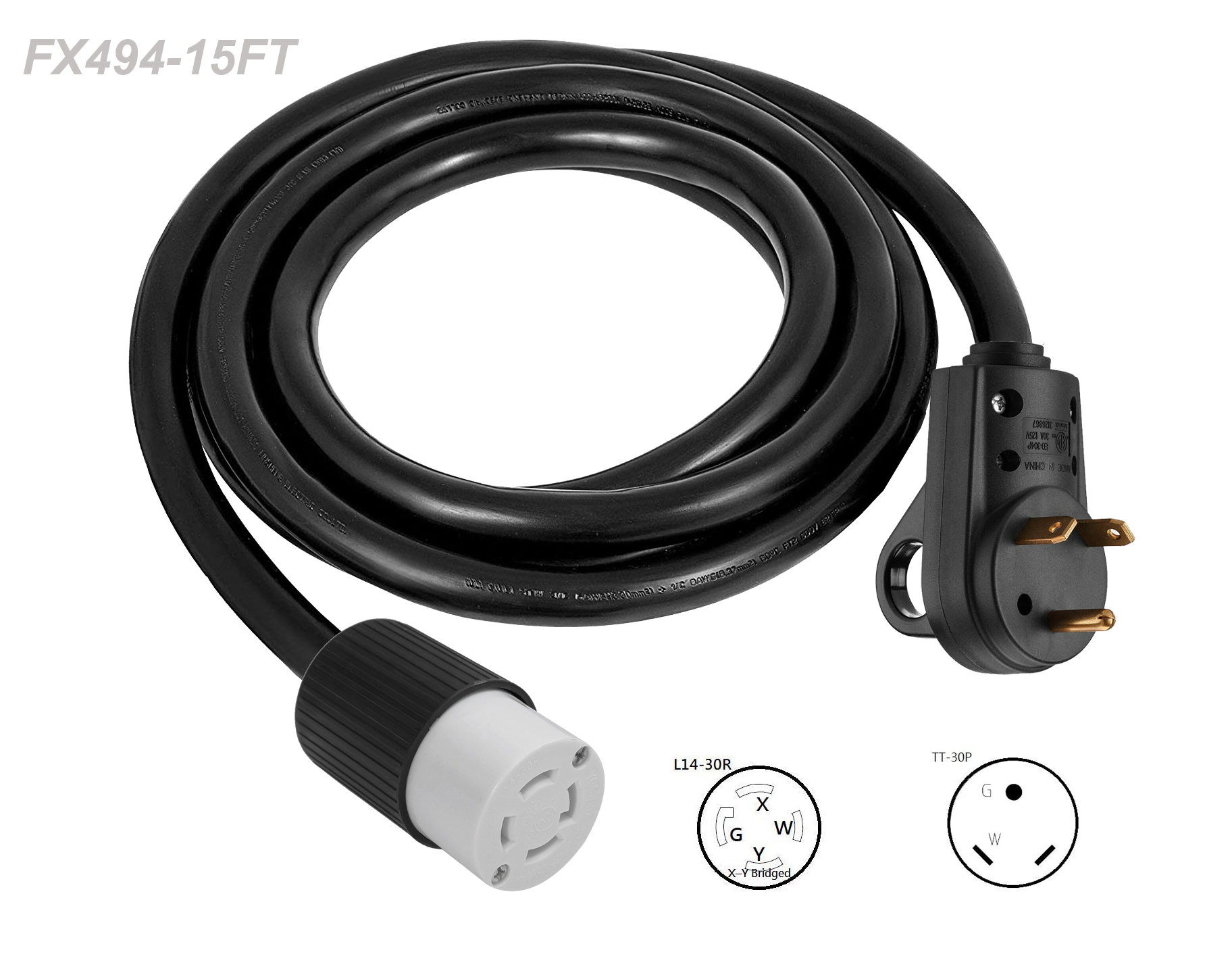 15 FT NEMA TT-30P to NEMA L14-30R Genset Power Cord