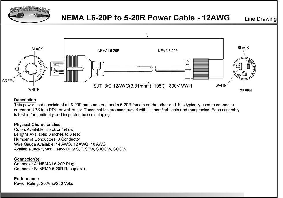 Thumbnail: 1ft 12 AWG 20A 250V Heavy-Duty Power Cord NEMA L6-20P to 5-20R