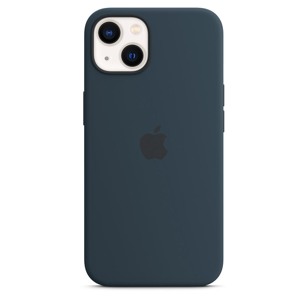 Thumbnail: Dark blue iPhone 13 in a silicone case, showing Apple logo.