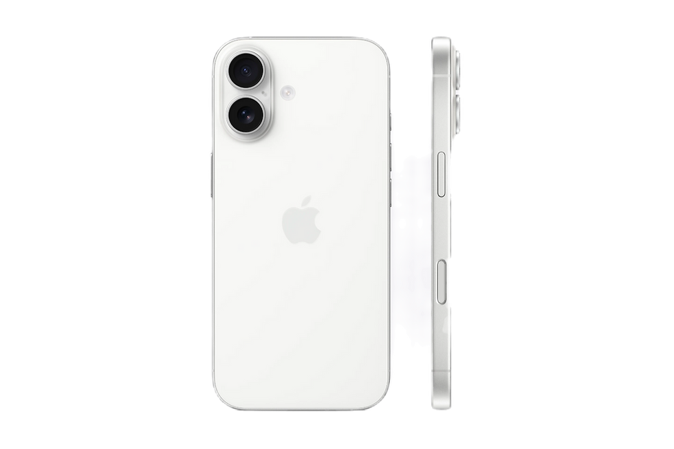 White iPhone 12, showing back and side views, Apple logo visible.