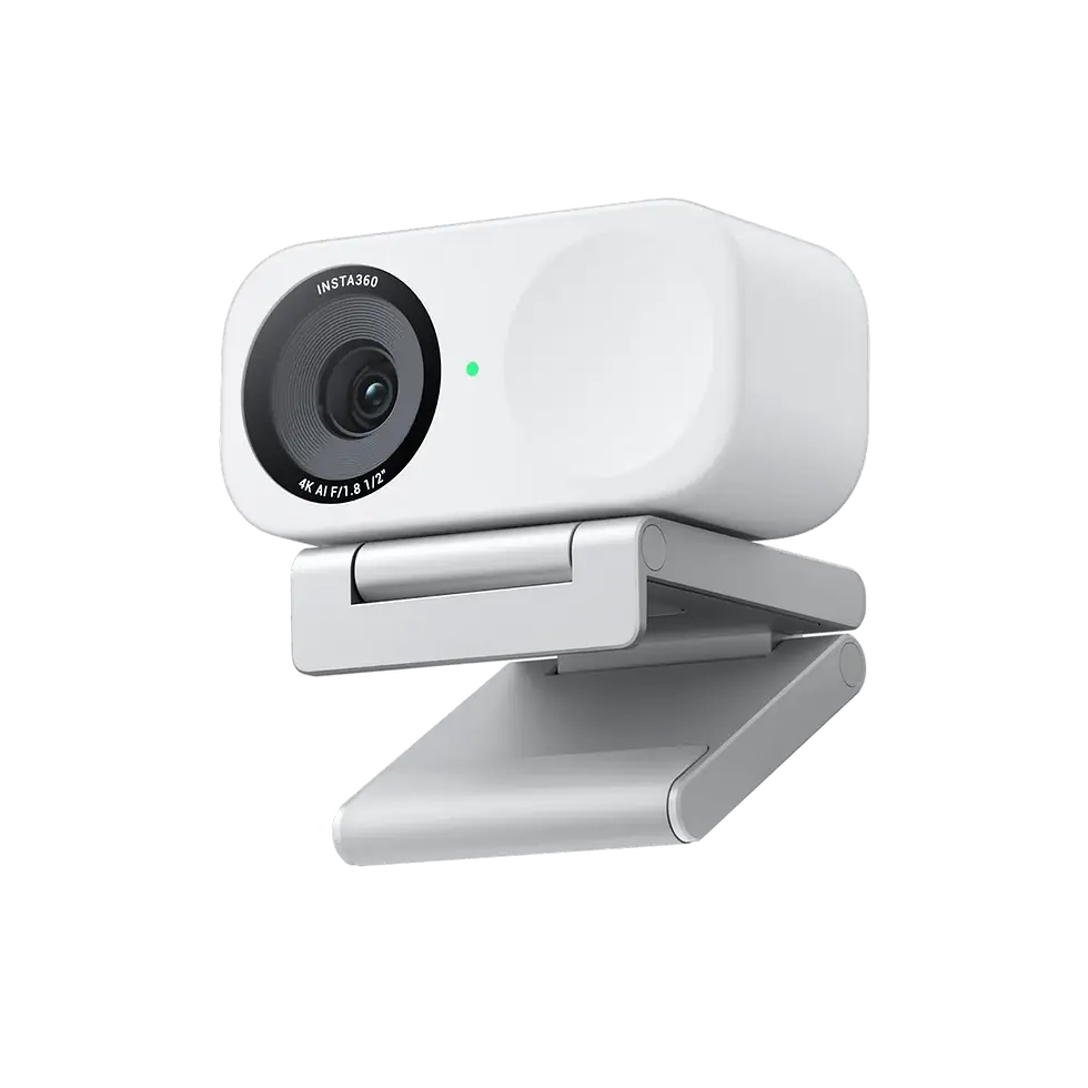 White modern webcam with a green indicator light and stand.