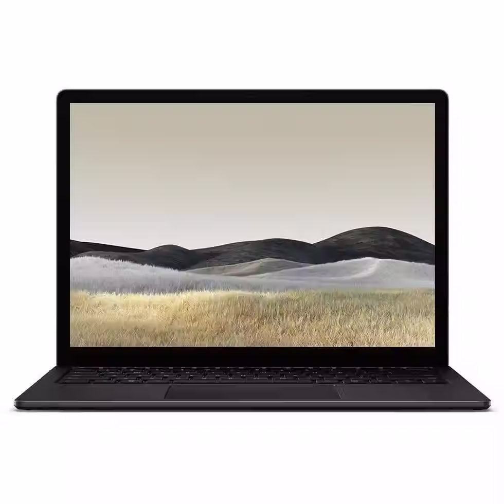 Laptop computer with screen displaying landscape image on a white background.