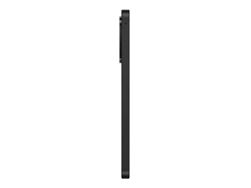 Thumbnail: Side view of a black mobile phone isolated on white background.