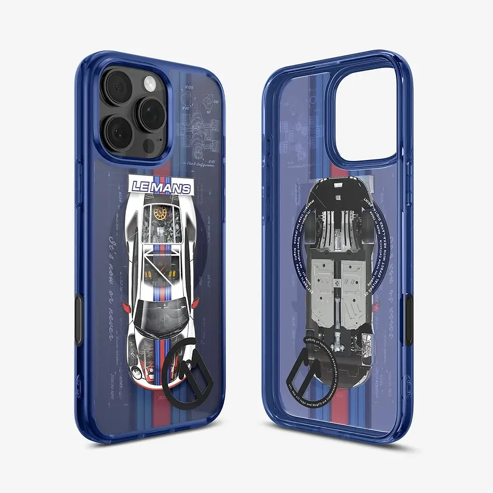 Thumbnail: Two iPhone cases with car design and text on a white background.