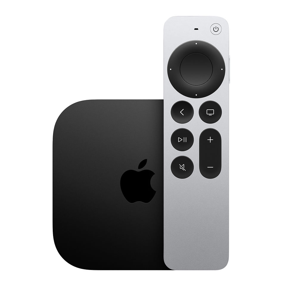 Apple TV device and Siri Remote on white background, Apple logo visible