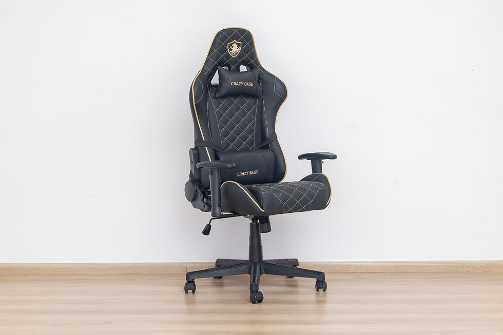Black and gold gaming chair with headrest and armrests against white wall