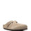 Thumbnail: Single light beige suede Birkenstock style clog shoe, side view.