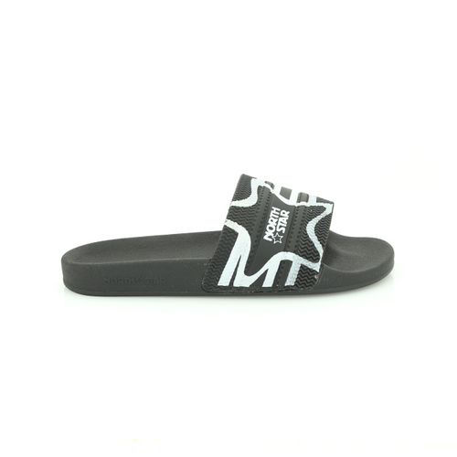 Black slide sandal with white 'MR' star-shaped strap design.