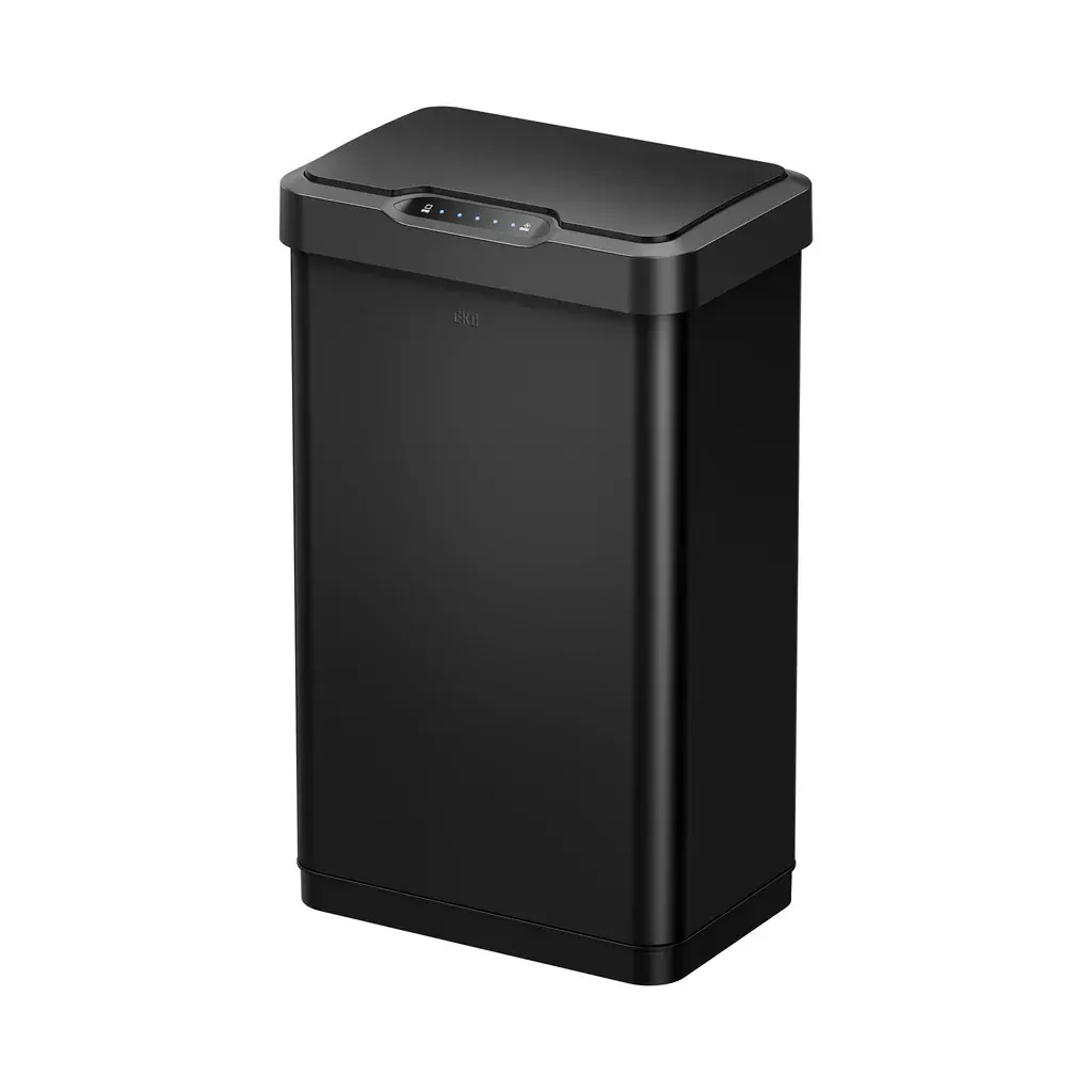 Black rectangular automatic trash can, ideal for kitchen or office space. FarTecs