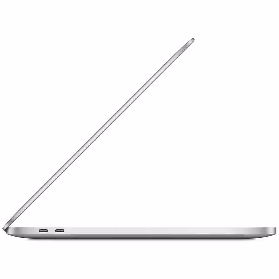 Thumbnail: Silver laptop side view, open showing keyboard and screen on white background.