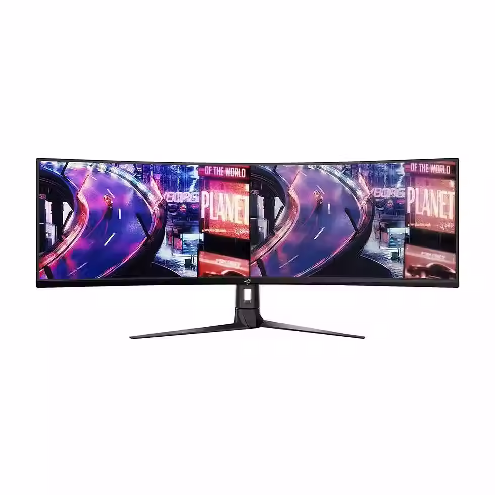 Thumbnail: Curved computer monitor displaying colorful graphics, white background. FarTecs