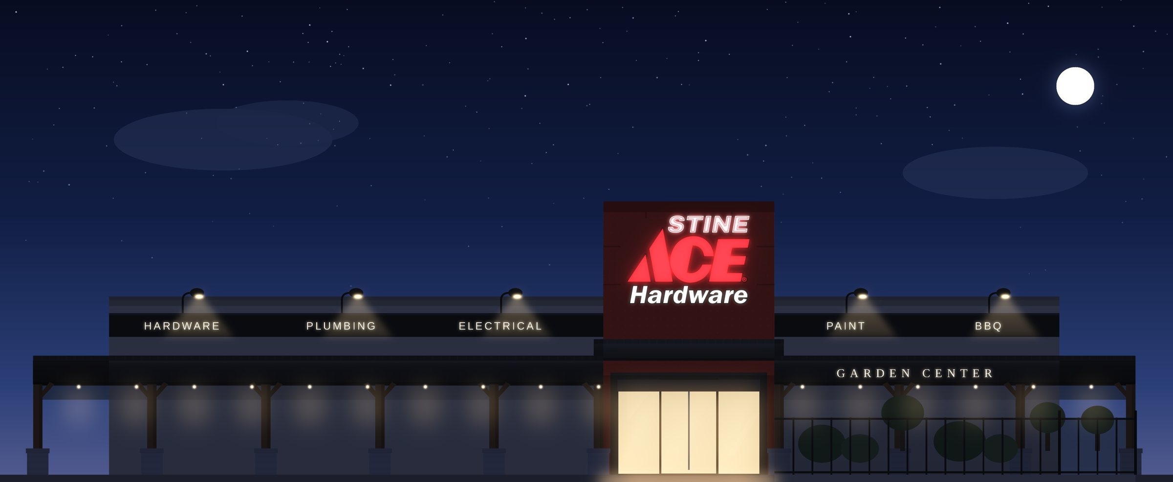 The same storefront at night, with the Stine neon lit and the porch lights on