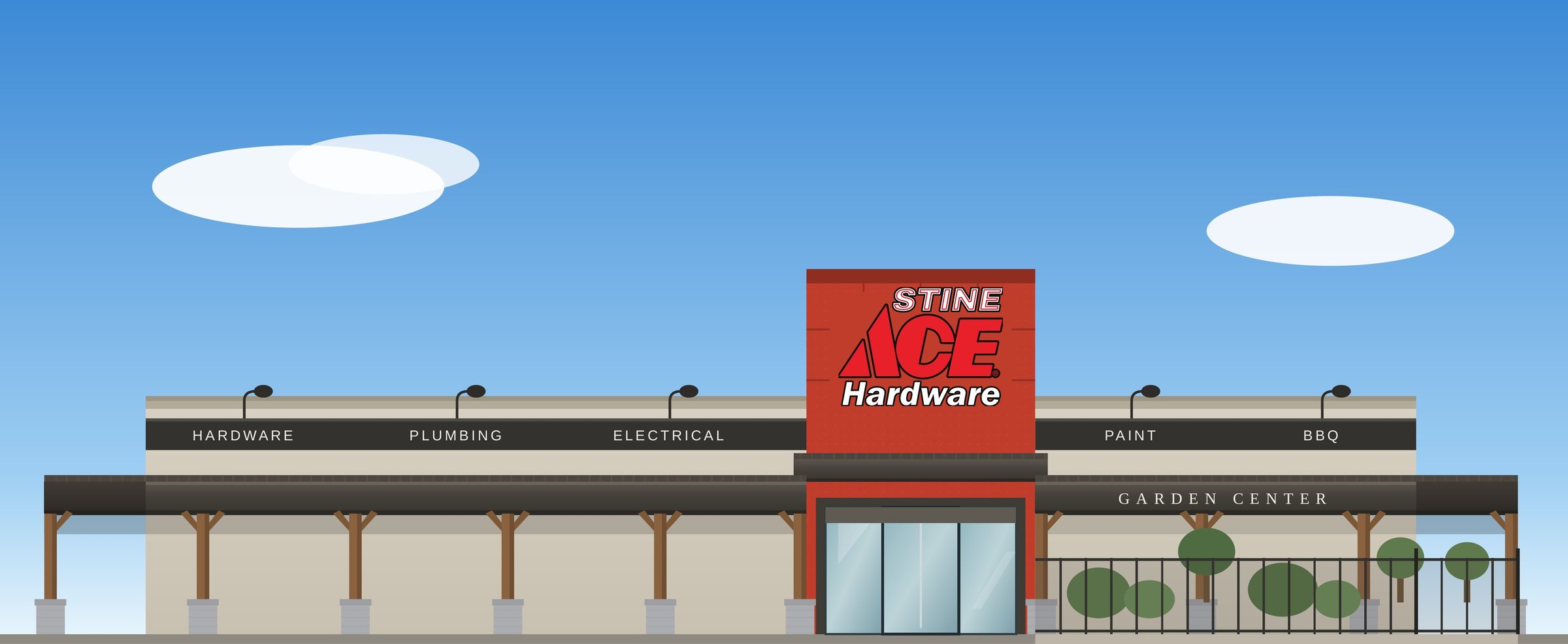 Rendering of the new Stine Ace Hardware storefront by day: timber porch, red entry tower with the Stine Ace sign, department signs along the fascia, and a fenced garden center