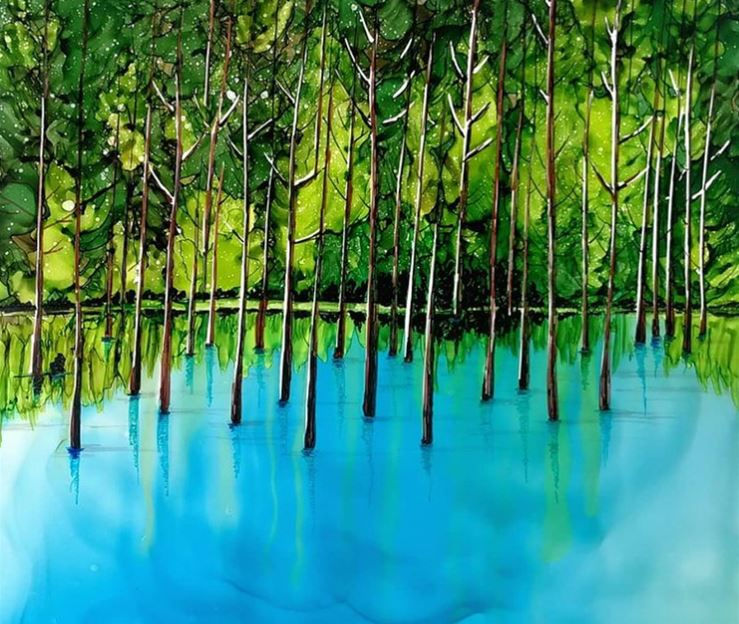 Hand painting of a forest lake