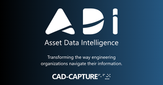 Asset Data Intelligence (ADI) logo on a dark blue gradient background, with the tagline “Transforming the way engineering organizations navigate their information.” The Cad-Capture logo appears at the bottom.